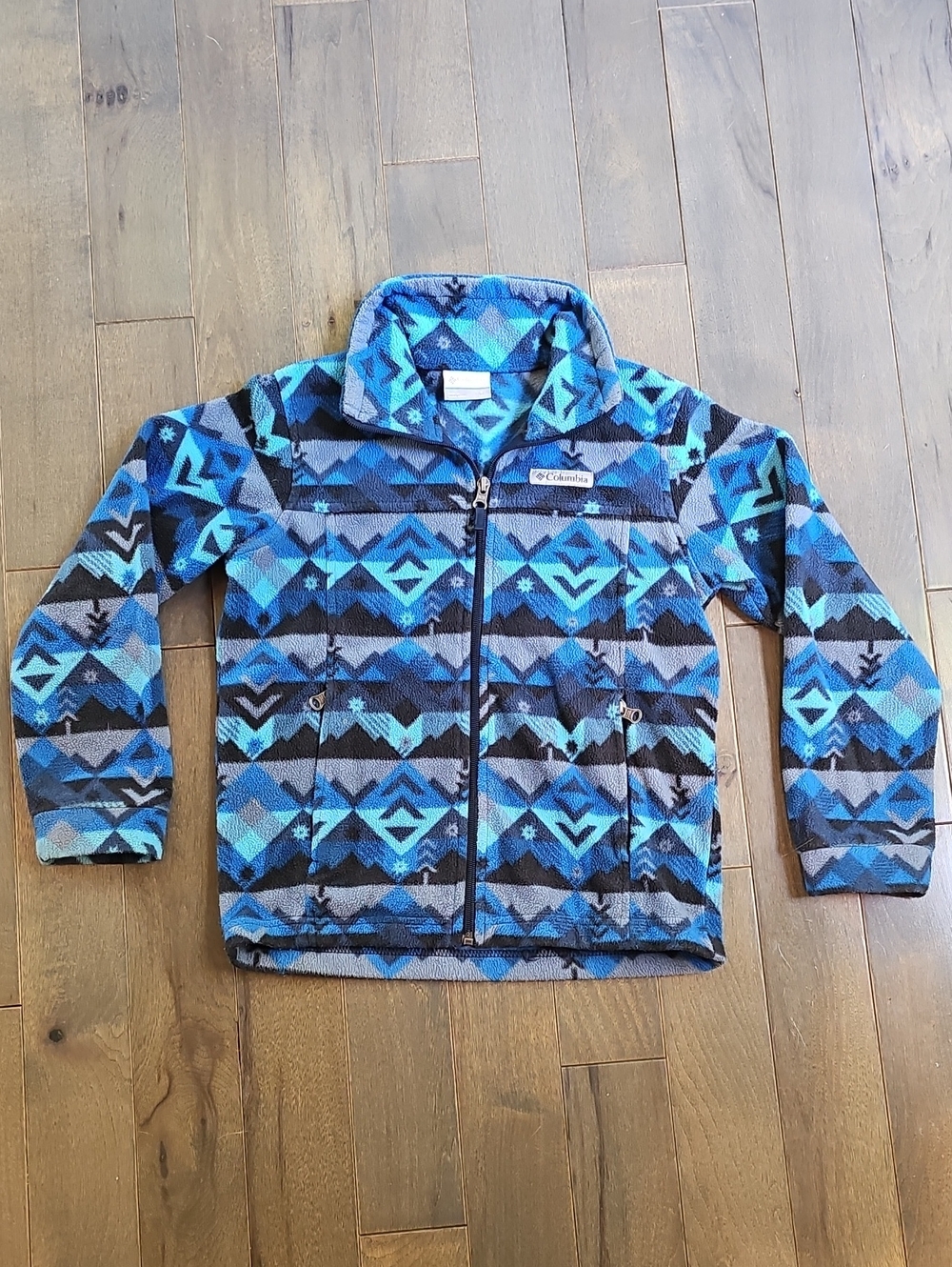 Columbia Boys Blue and Black Geometric Fleece Zip Jacket, Small